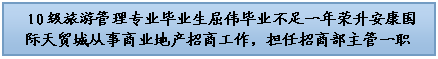 文本框: 10级旅游管理专业毕业生屈伟毕业不足一年荣升安康国际天贸城从事商业地产招商工作,担任招商部主管一职